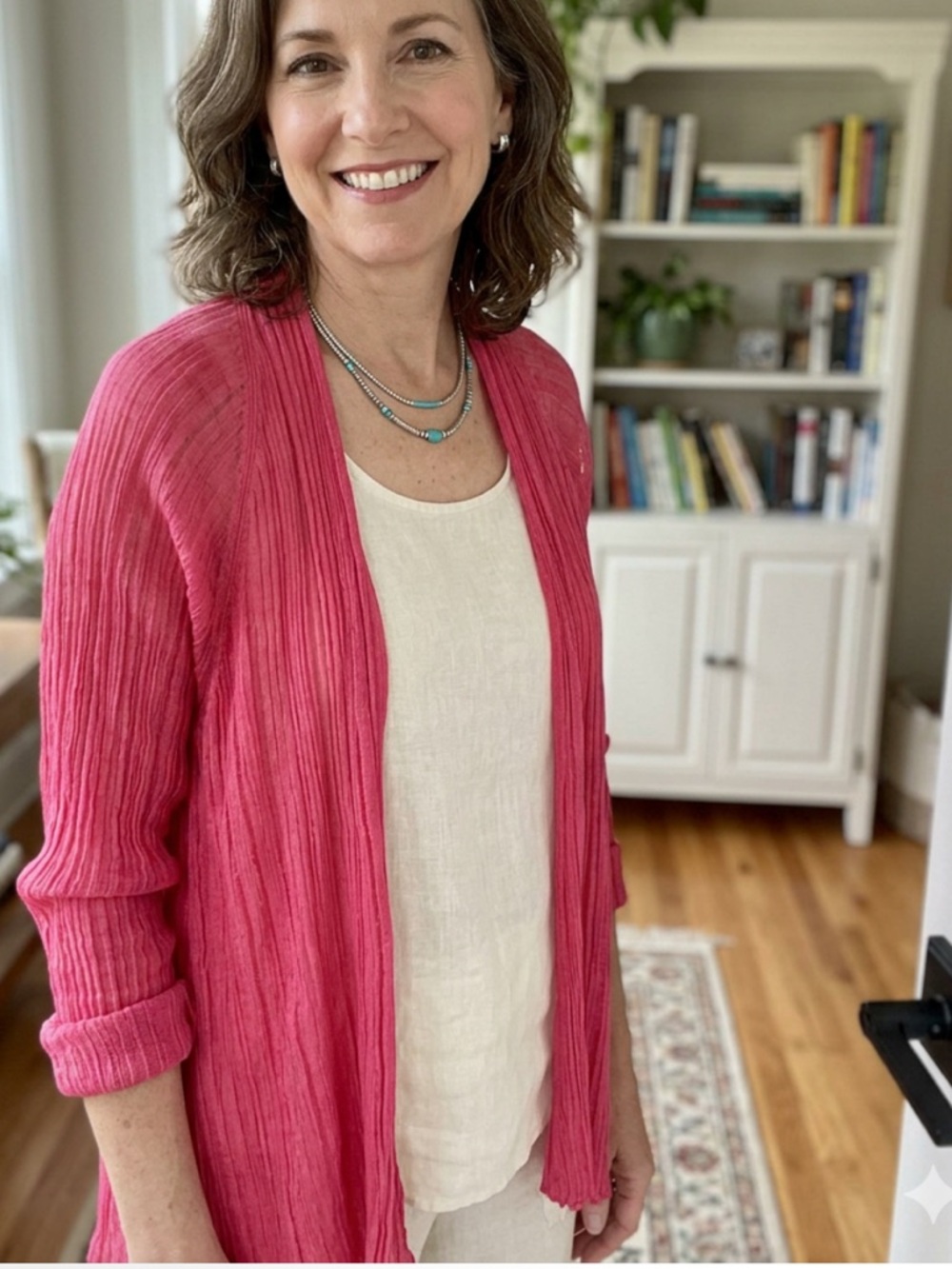 Eileen Fisher Women’s LP Peony Pink Linen Silk Gauzy Light Open Front Cardigan